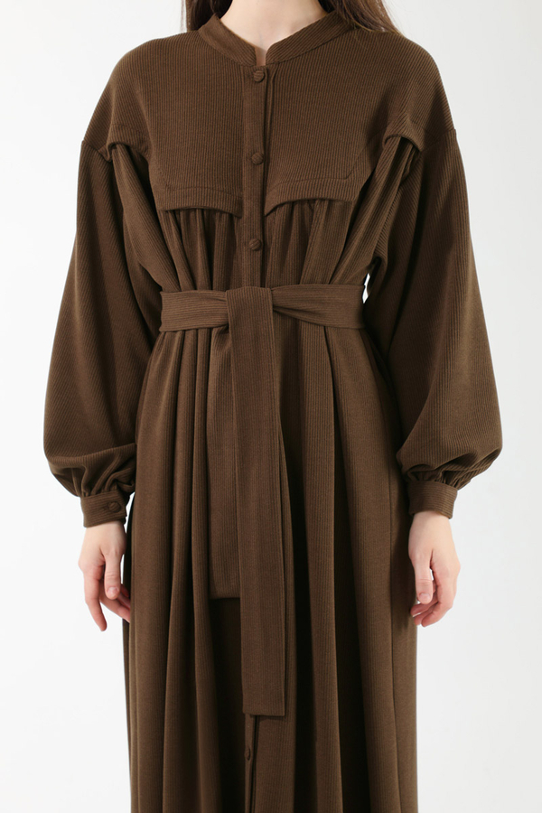 Düğmeli Triko Elbise Kahverengi - 4