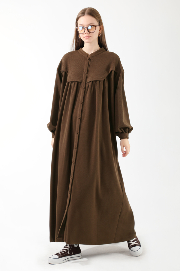 Düğmeli Triko Elbise Kahverengi - 5