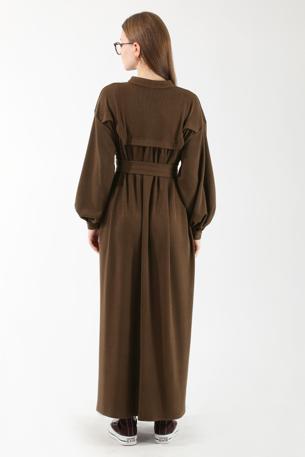 Düğmeli Triko Elbise Kahverengi - 6