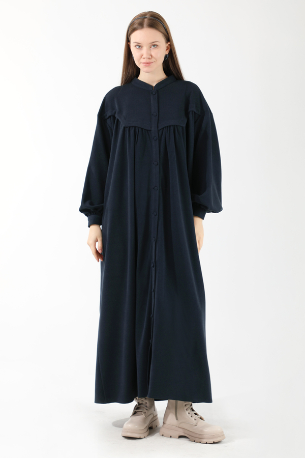 Düğmeli Triko Elbise Lacivert - 1