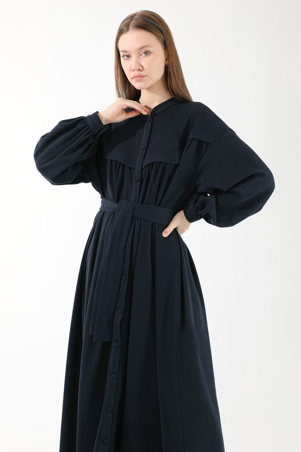 Düğmeli Triko Elbise Lacivert - 2