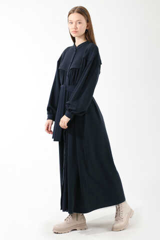 Düğmeli Triko Elbise Lacivert - 5