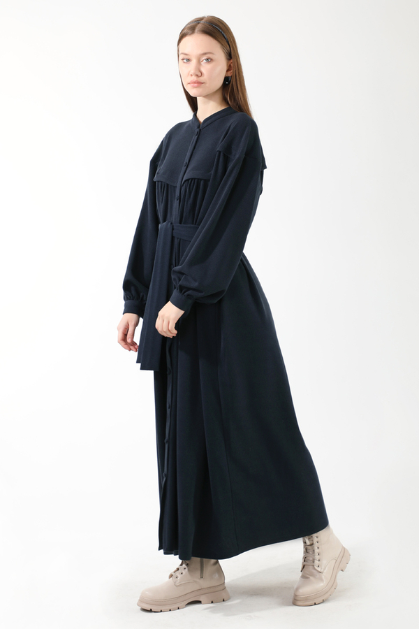 Düğmeli Triko Elbise Lacivert - 5