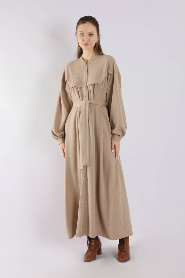 Düğmeli Triko Elbise Pudra - 1