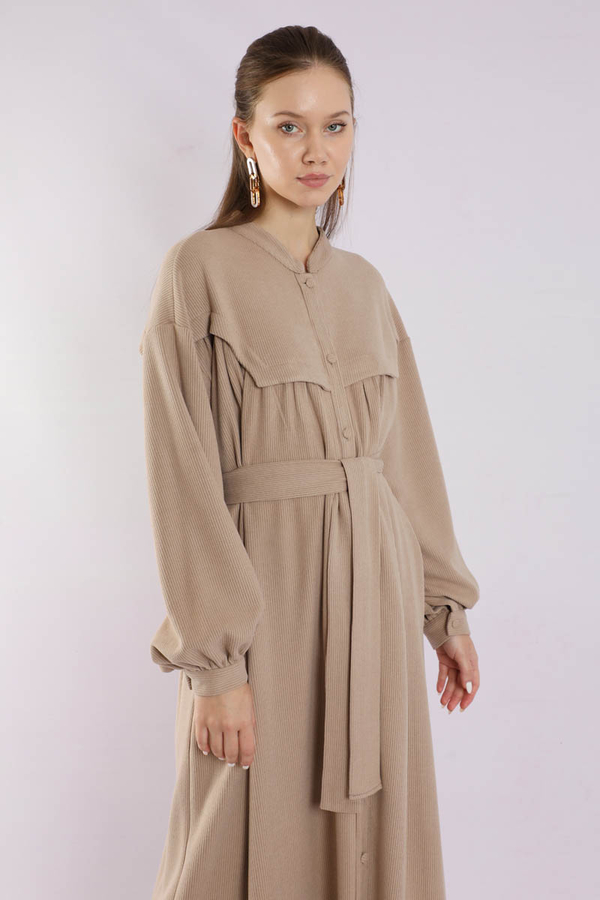 Düğmeli Triko Elbise Pudra - 2