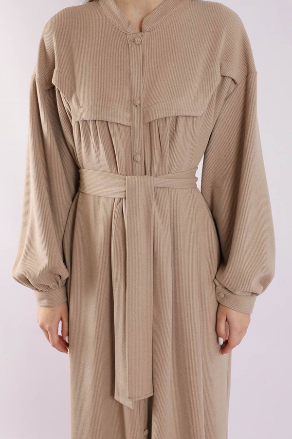 Düğmeli Triko Elbise Pudra - 4