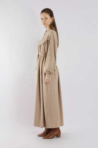 Düğmeli Triko Elbise Pudra - 5