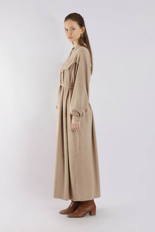 Düğmeli Triko Elbise Pudra - 5