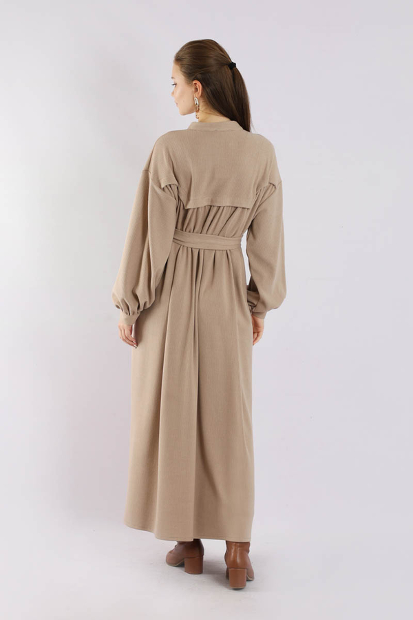 Düğmeli Triko Elbise Pudra - 6