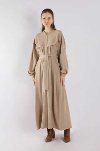 Düğmeli Triko Elbise Pudra - 1