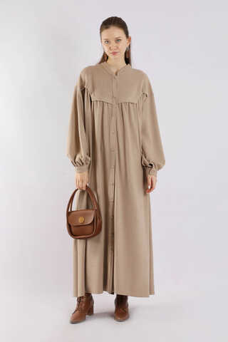 Düğmeli Triko Elbise Pudra - 3