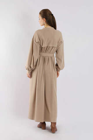 Düğmeli Triko Elbise Pudra - 6