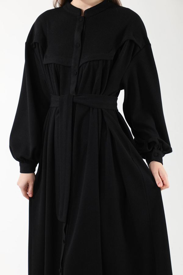 Düğmeli Triko Elbise Siyah - 4