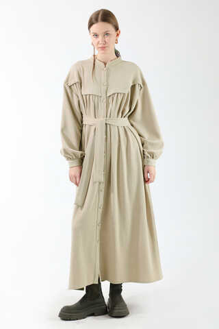 Düğmeli Triko Elbise Taş - 1