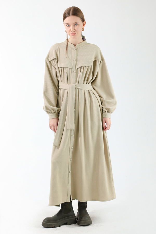 Düğmeli Triko Elbise Taş - 1