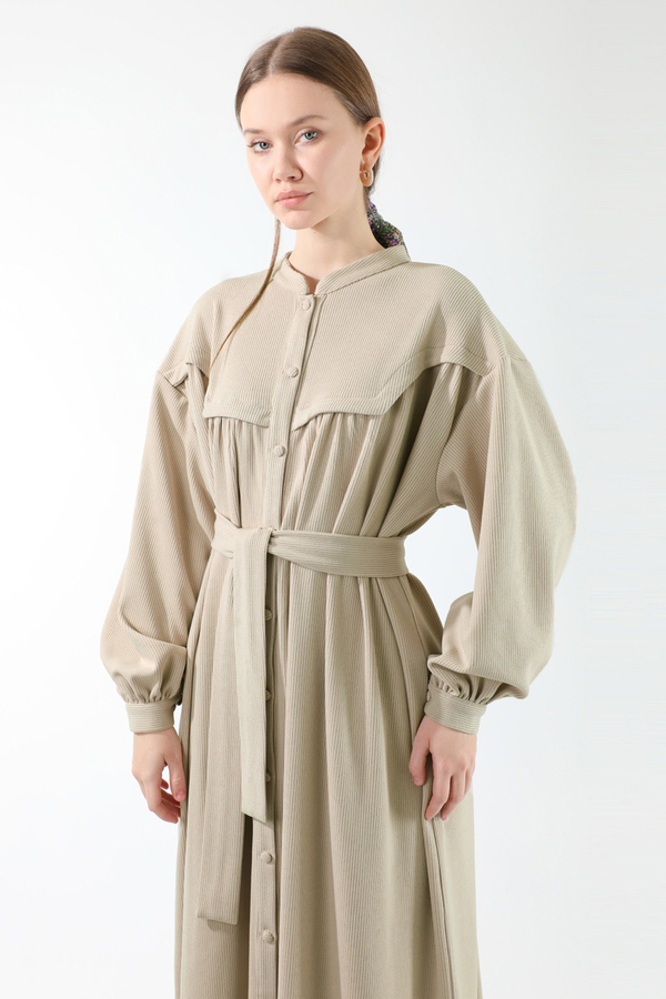 Düğmeli Triko Elbise Taş - 2