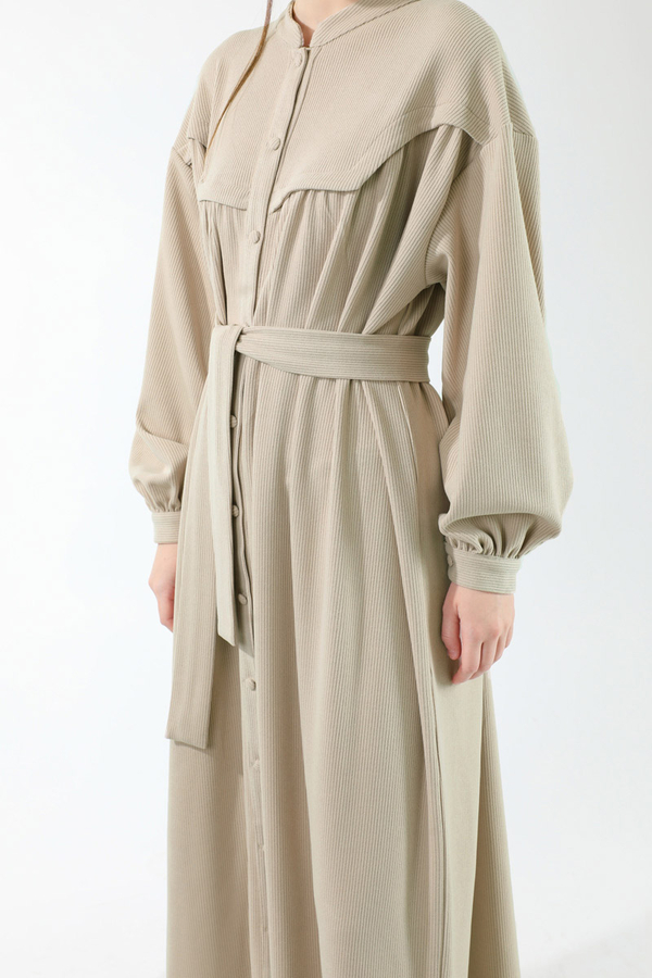 Düğmeli Triko Elbise Taş - 4