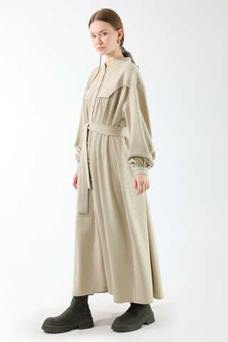 Düğmeli Triko Elbise Taş - 5