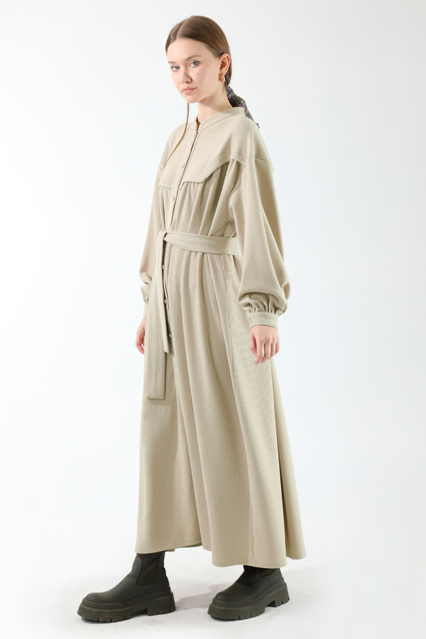 Düğmeli Triko Elbise Taş - 5