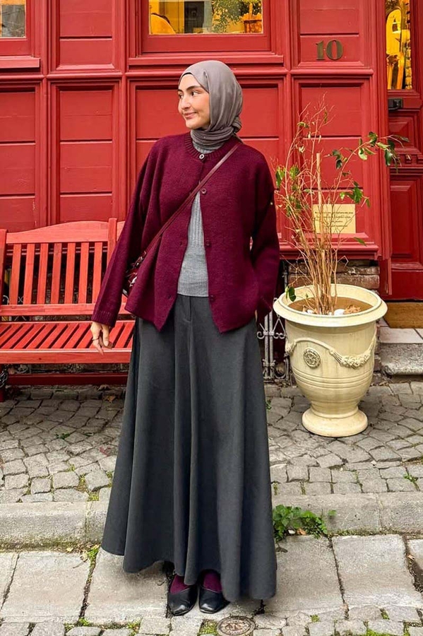 Düğmeli Triko Hırka Bordo - 10