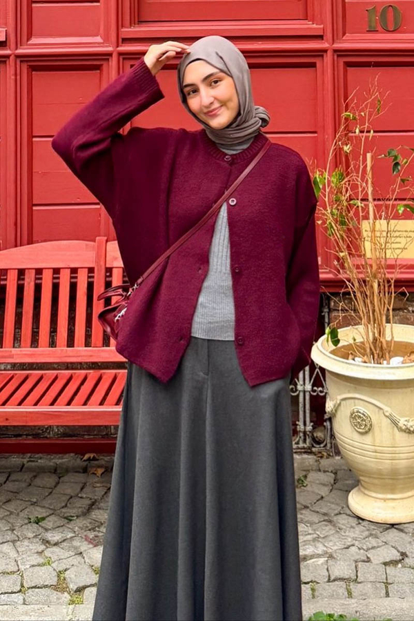 Düğmeli Triko Hırka Bordo - 11