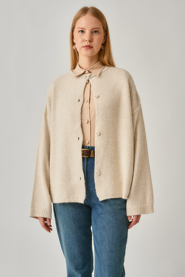 Düğmeli Triko Hırka Ekru - 12