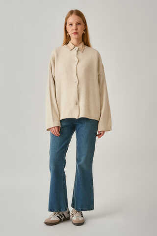 Düğmeli Triko Hırka Ekru - 14