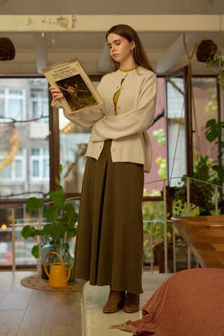 Düğmeli Triko Hırka Ekru - 8