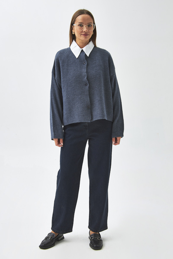 Düğmeli Triko Hırka İndigo (1)