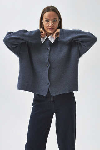 Düğmeli Triko Hırka İndigo - 3