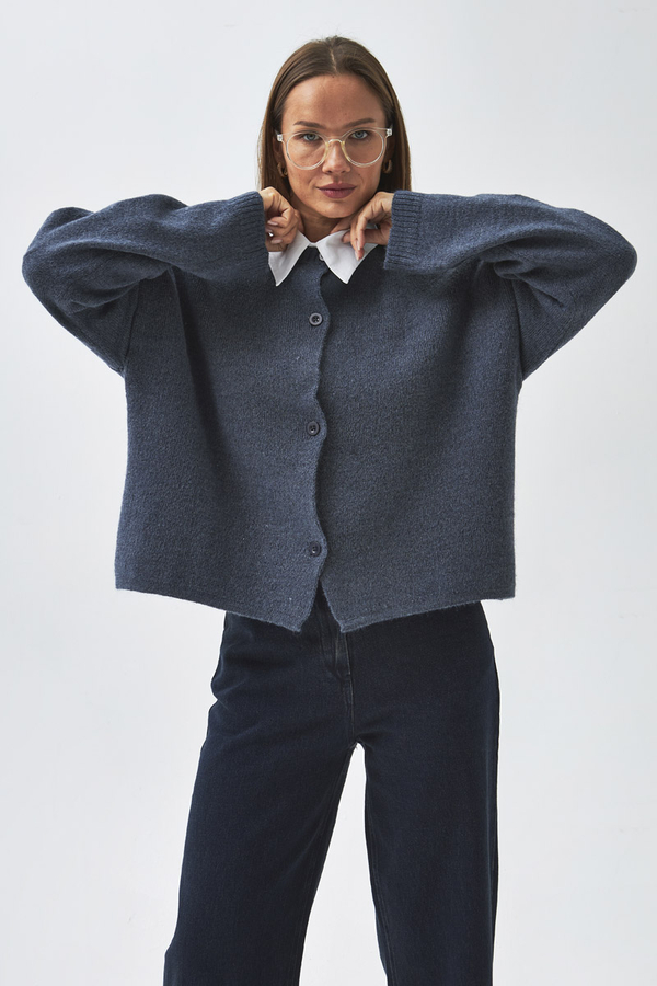 Düğmeli Triko Hırka İndigo - 3