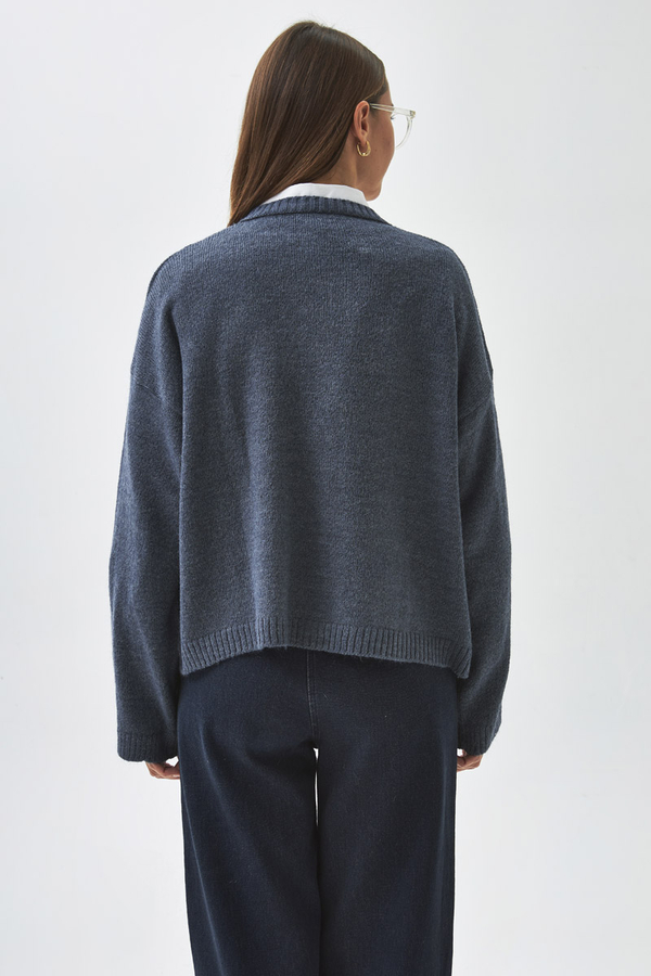 Düğmeli Triko Hırka İndigo - 6