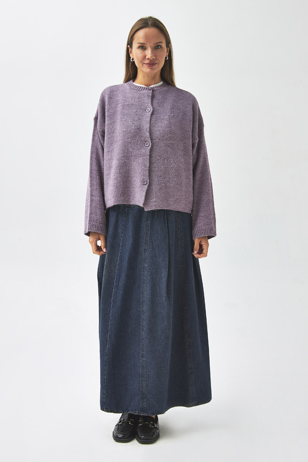 Düğmeli Triko Hırka Lila - 6