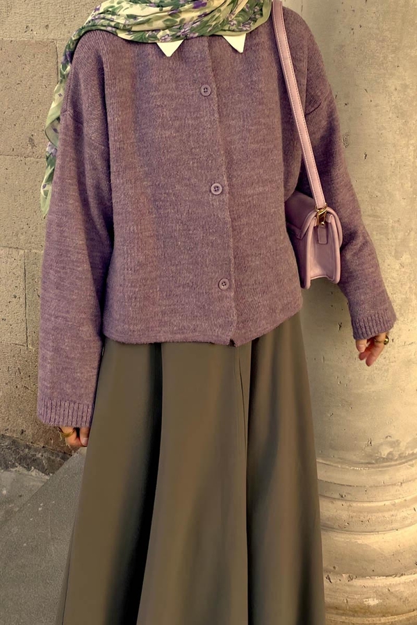 Düğmeli Triko Hırka Lila - 2