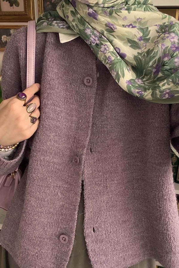 Düğmeli Triko Hırka Lila - 3