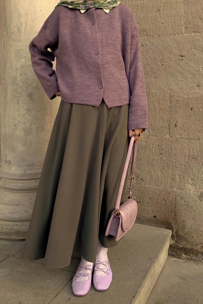 Düğmeli Triko Hırka Lila