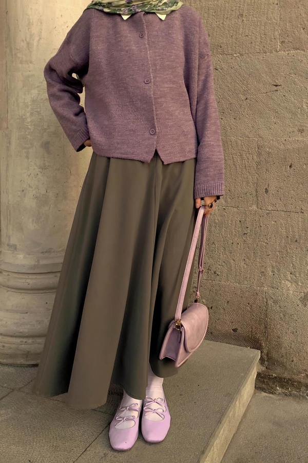 Düğmeli Triko Hırka Lila 