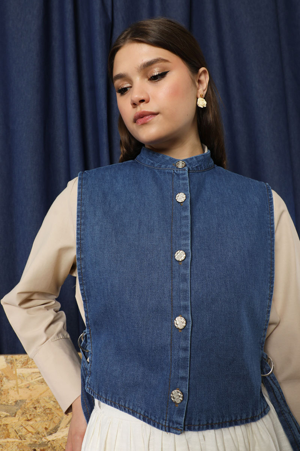 Düğmeli Yelek Kot Mavi - 3