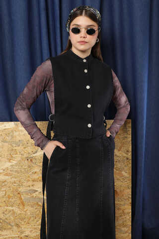 Düğmeli Yelek Kot Siyah - 4