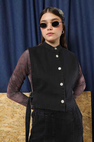 Düğmeli Yelek Kot Siyah - 1