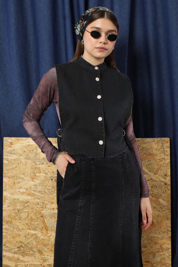 Düğmeli Yelek Kot Siyah - 5