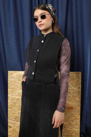 Düğmeli Yelek Kot Siyah - 6