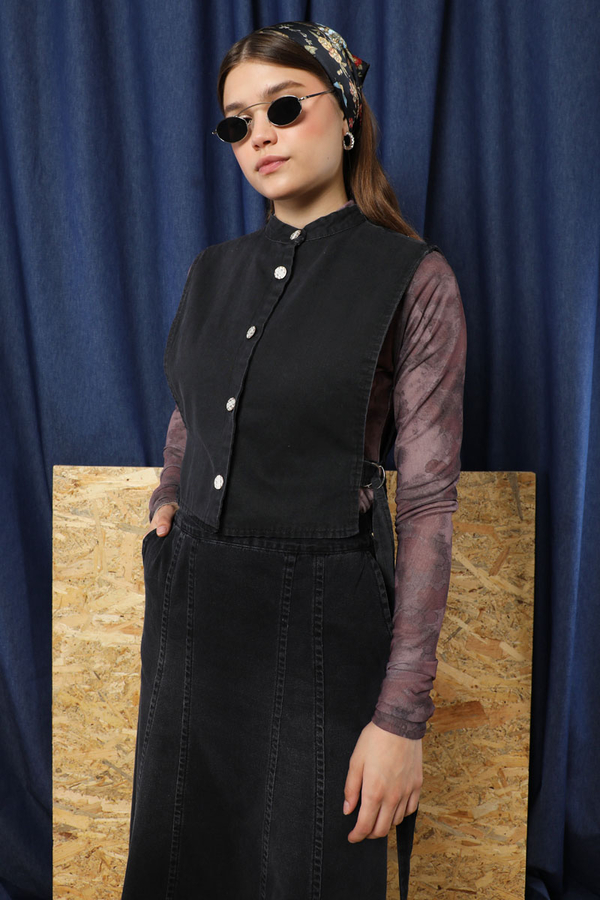 Düğmeli Yelek Kot Siyah - 6