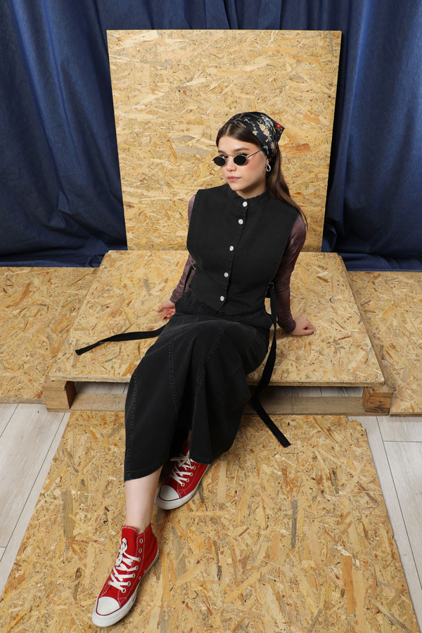 Düğmeli Yelek Kot Siyah - 7