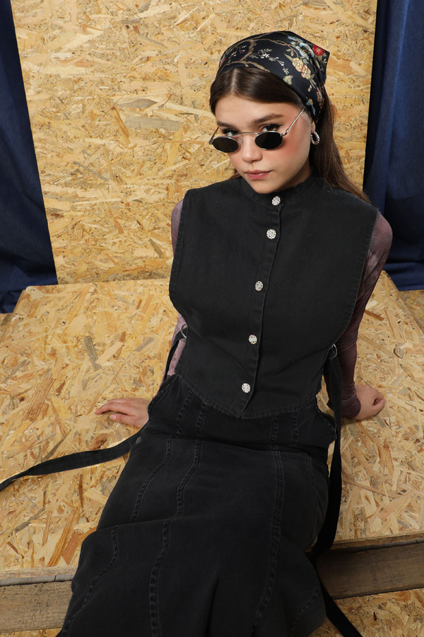 Düğmeli Yelek Kot Siyah - 8