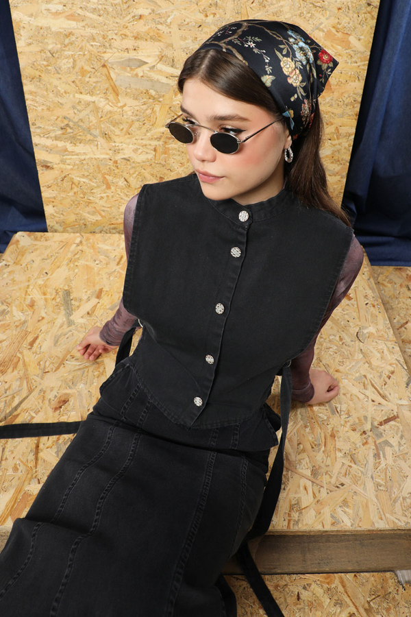 Düğmeli Yelek Kot Siyah - 9
