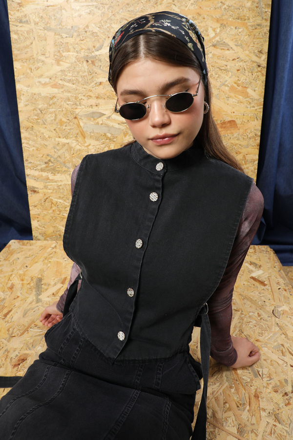 Düğmeli Yelek Kot Siyah - 10