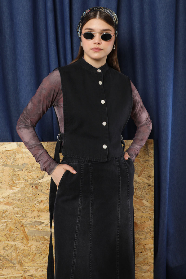 Düğmeli Yelek Kot Siyah - 4