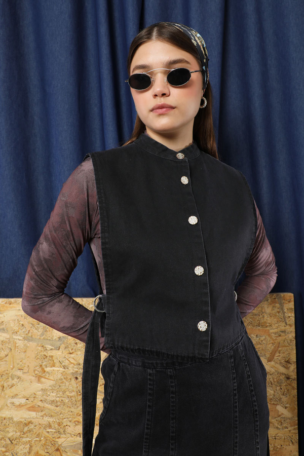 Düğmeli Yelek Kot Siyah - 1