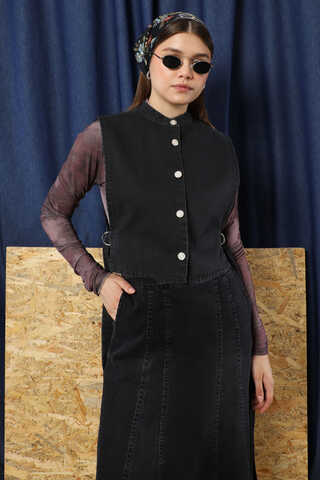 Düğmeli Yelek Kot Siyah - 5